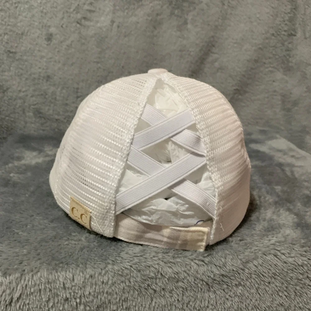 CC Girls Ponytail Trucker Hat Camo Grey White Distressed Mesh Back Messy Bun Cap